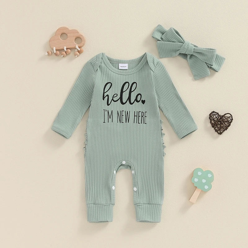 Baby Girl 2Pcs Hello I'm New Here Romper Letter Print Ribbed Long Sleeve Round Neck Full Length Jumpsuit with Headband Set