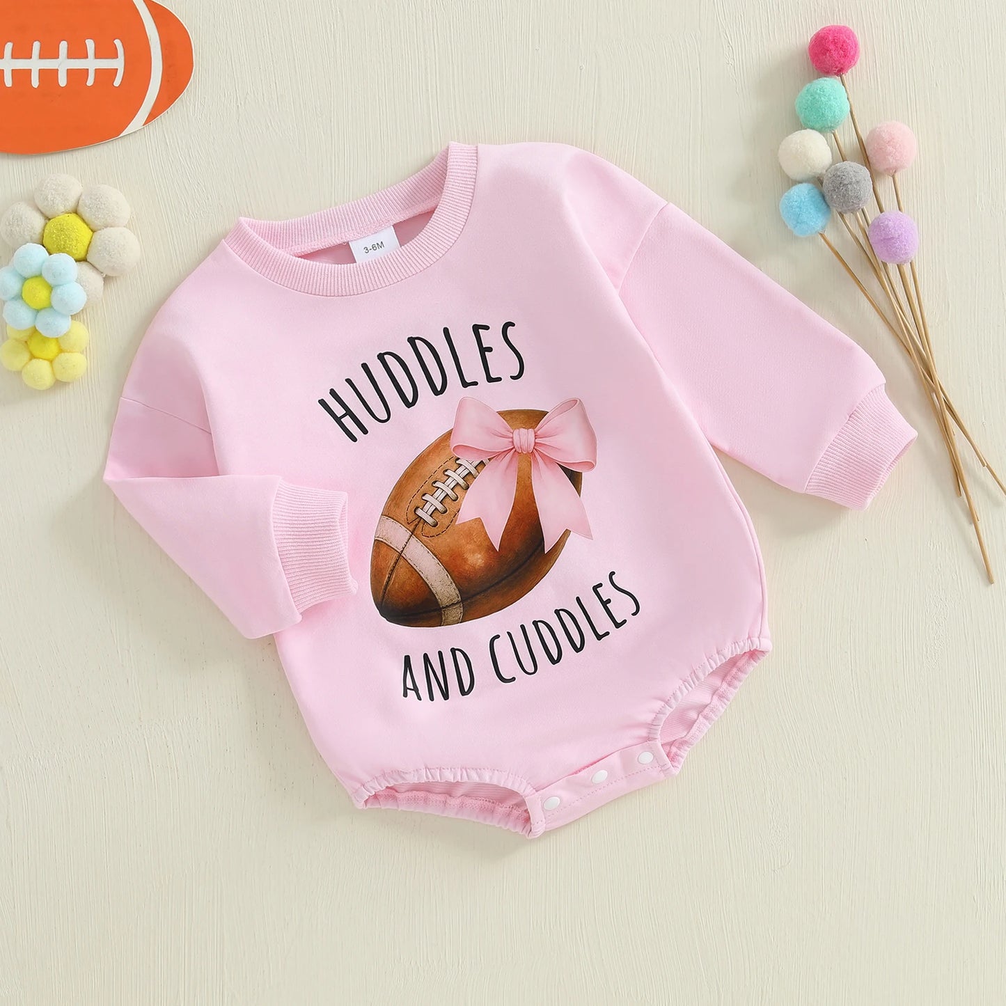 Baby Girl Huddles and Cuddles Bubble Romper Long Sleeve Crew Neck Bow Football Print Bodysuit Clothes