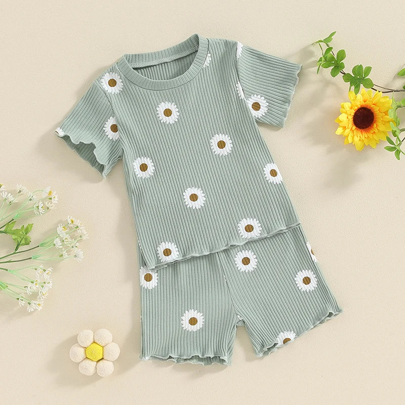 Toddler Baby Girl 2Pcs Spring Summer Flower Butterfly Print Clothes Ruffle Ribbed Short Sleeve Tops + Matching Shorts Outfit Set