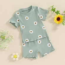 Load image into Gallery viewer, Toddler Baby Girl 2Pcs Spring Summer Flower Butterfly Print Clothes Ruffle Ribbed Short Sleeve Tops + Matching Shorts Outfit Set
