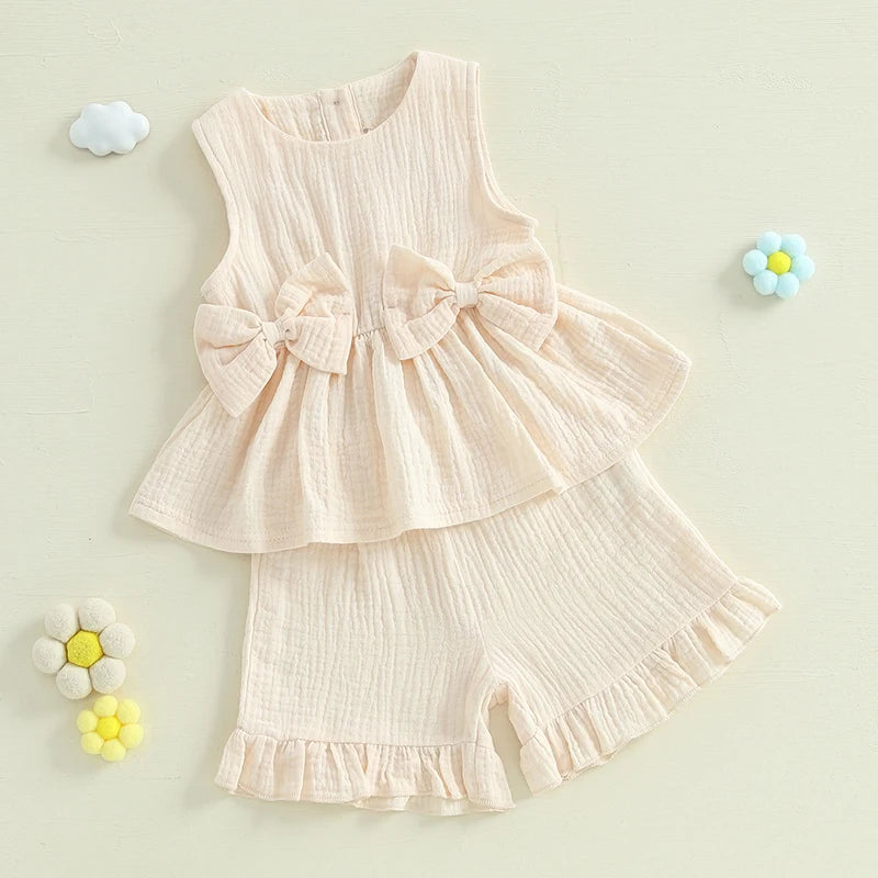 Baby Toddler Kids Girl 2Pcs Summer Clothes Solid Color Bow Round Neck Tank Top + Elastic Waist Ruffled Shorts Set