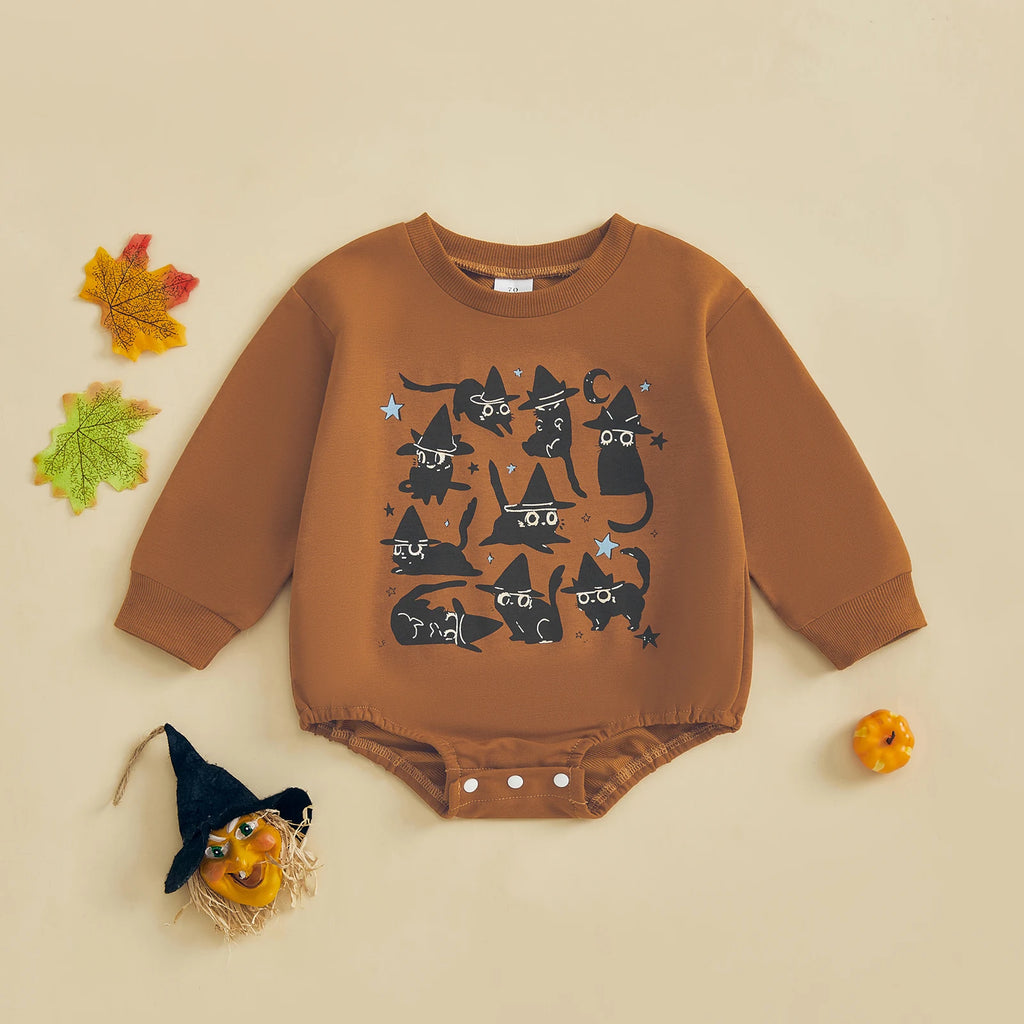 Baby Girls Boys Bubble Romper Long Sleeve Crew Neck Cat Print Fall Halloween Casual Bodysuit Clothes