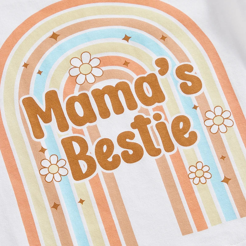 Baby Toddler Kids Girls 3Pcs Auntie's Lil Bestie / Mama's Bestie Summer Clothes Sets Rainbow Letter Short Sleeve T-shirts Ribbed Flare Pants Bow Headband Outfit