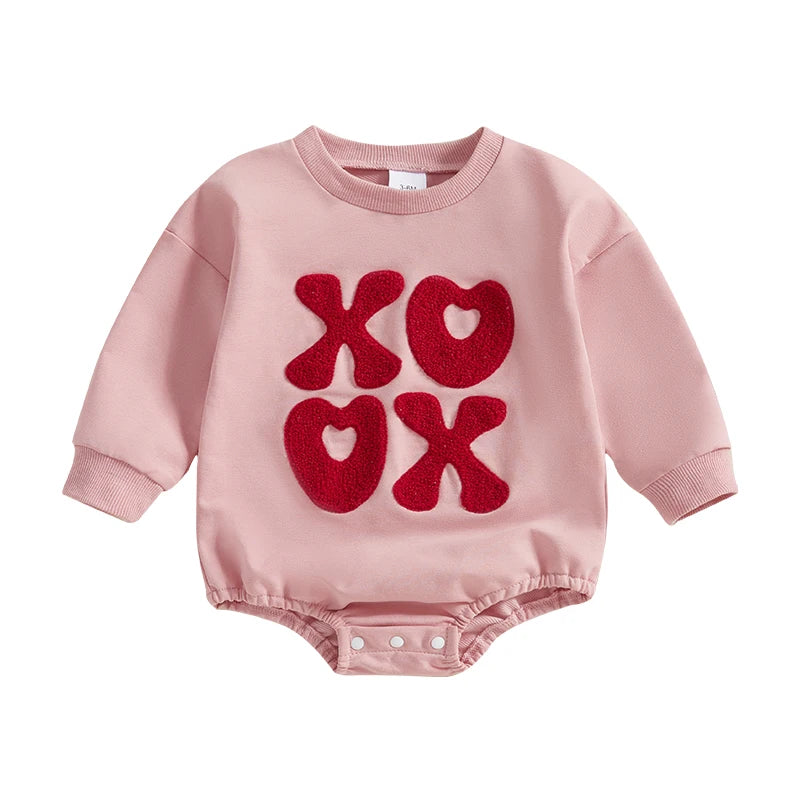 Baby Girls XOXO Bubble Romper Valentine's Day Heart Letters Embroidered Long Sleeve Bodysuit Valentines Jumpsuit