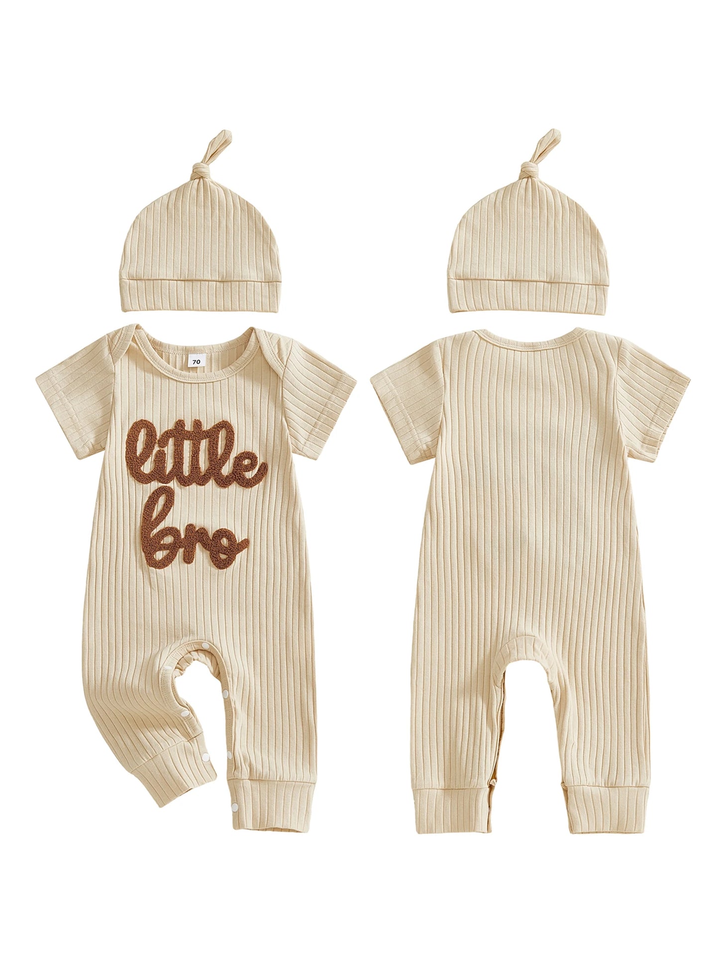 Baby Boy 2Pcs Little Bro Short Sleeve Romper Ribbed Letter Embroidery Round Neck Infant Jumpsuit with Hat Set