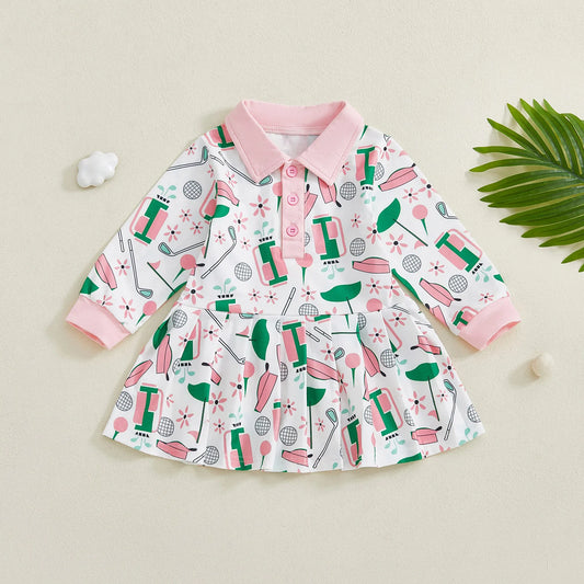 Baby Toddler Girl Golf Print Dress Lapel Button Front Long Sleeves A Line Dress