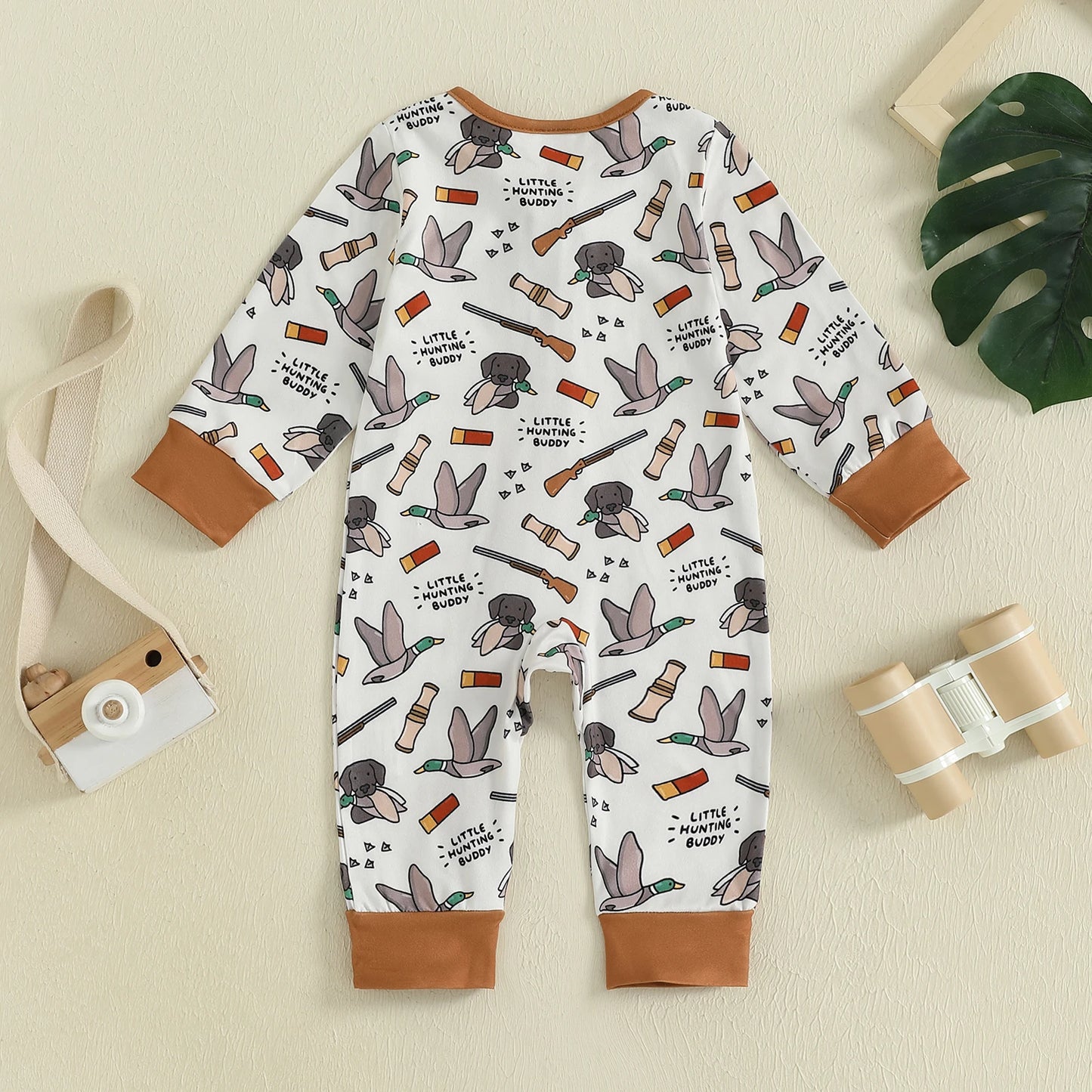 Baby Boys Autumn Casual Jumpsuit Long Sleeve Crewneck Deer Duck Print Zipper Romper