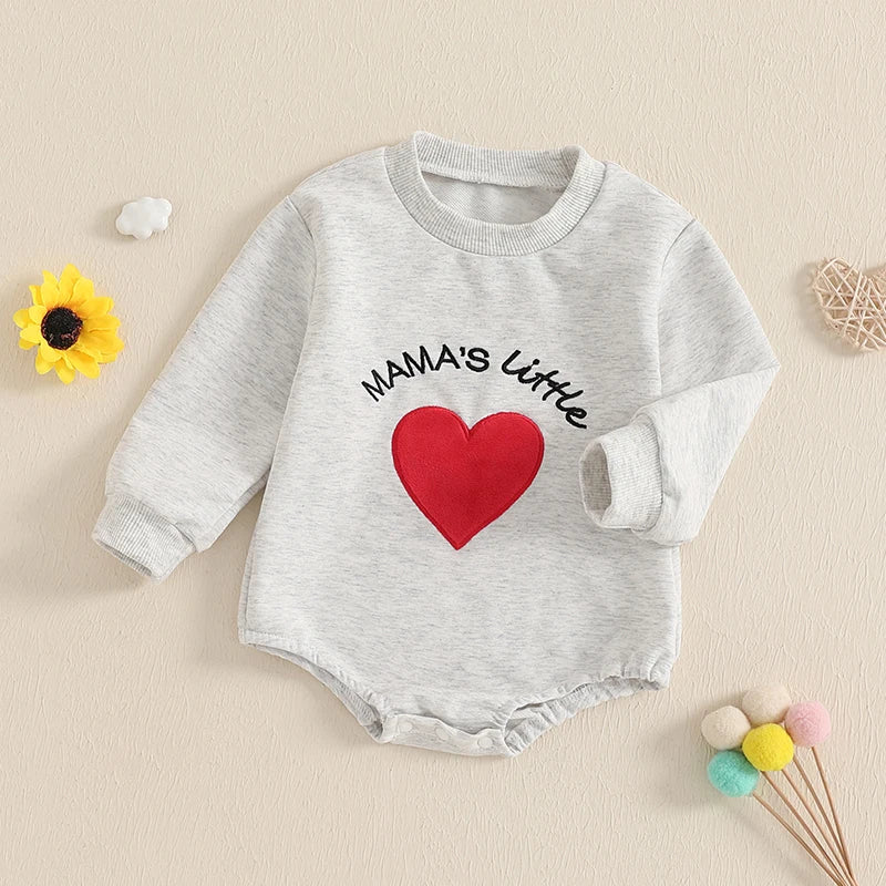 Baby Boys Girls Mama's Little Bubble Romper Long Sleeve Crew Neck Heart Letters Embroidery Bodysuit Valentine’s Day Playsuit