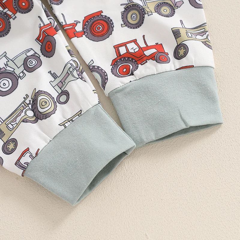 Baby Boys 3Pcs New To The Farm Long Sleeve O-Neck Embroidery Romper with Tractor Print Pants Hat Outfit Set