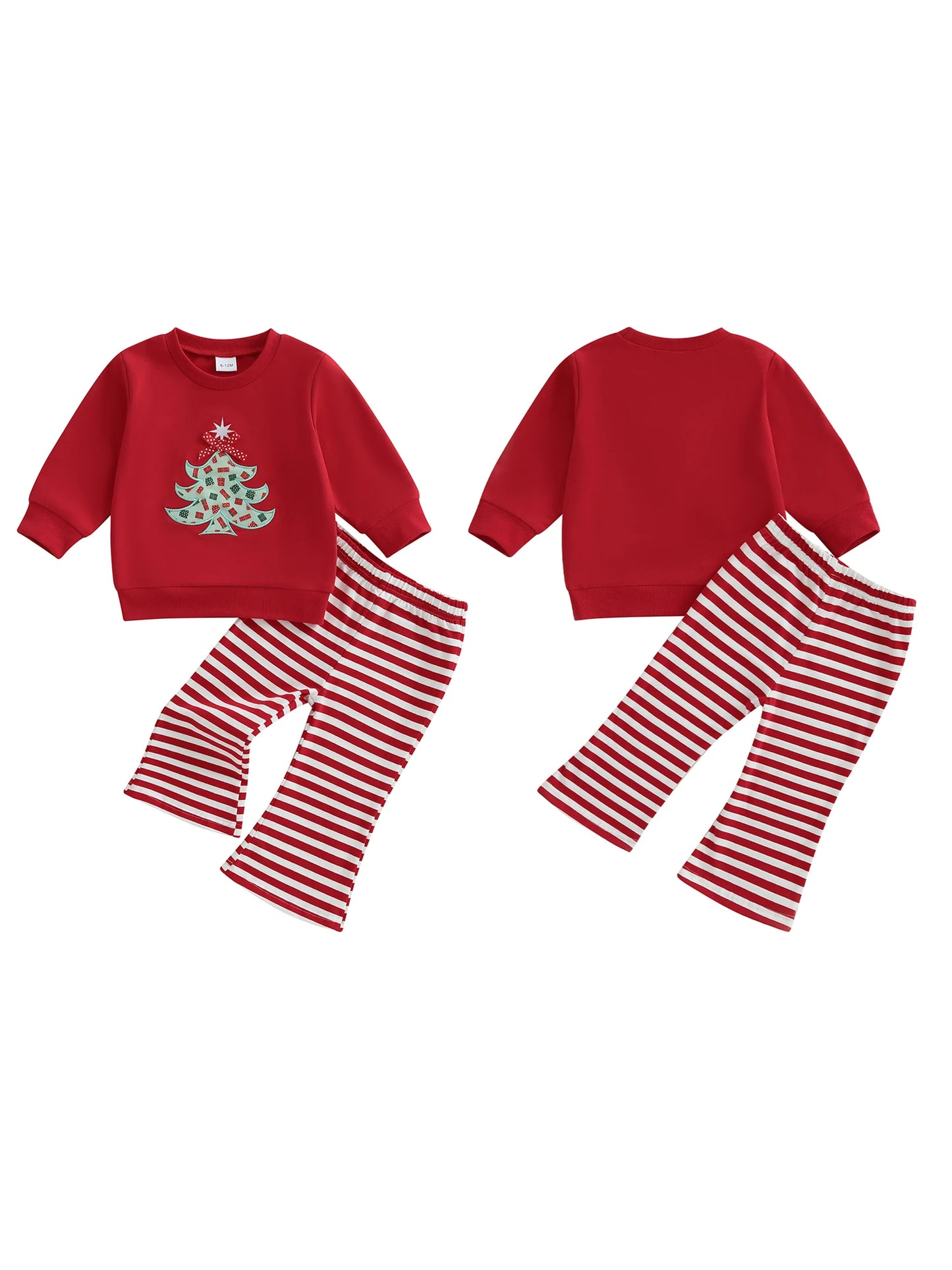 Baby Toddler Girl 2Pcs Christmas Outfit Tree Embroidery Long Sleeve Round Neck Pullover Top Stripe Flare Pants Set