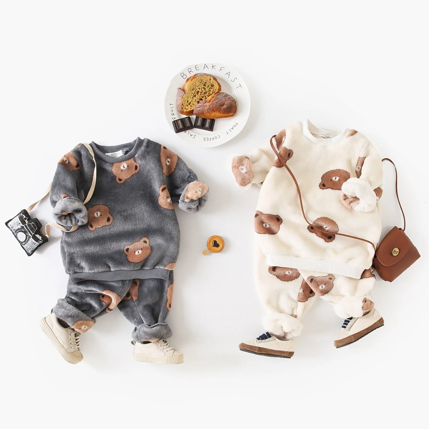 Baby Toddler Boy Girl 2Pcs Winter Clothes Set Thick Warm Pullover Top Pant Suit Bear Print Fleece Two Piece Jogger Set Outfit