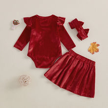 Load image into Gallery viewer, Baby Girls 3Pcs Christmas Outfit Ruffle Long Sleeve Velvet Romper Elastic Waist Skirt Headband Set
