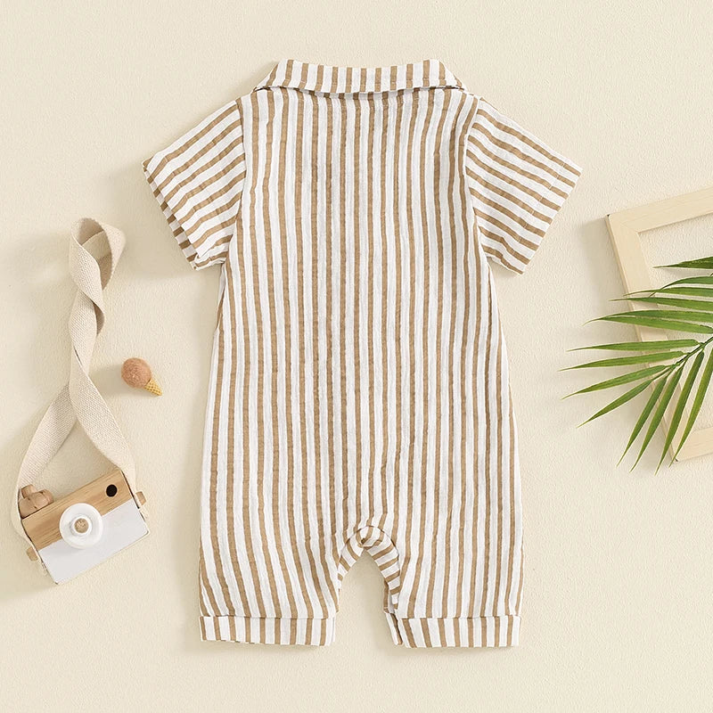 Baby Boy Striped Romper Short Sleeve Front Pocket Single-breasted Button Collar Legs Jumpsuit