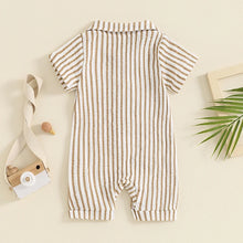 Load image into Gallery viewer, Baby Boy Striped Romper Short Sleeve Front Pocket Single-breasted Button Collar Legs Jumpsuit
