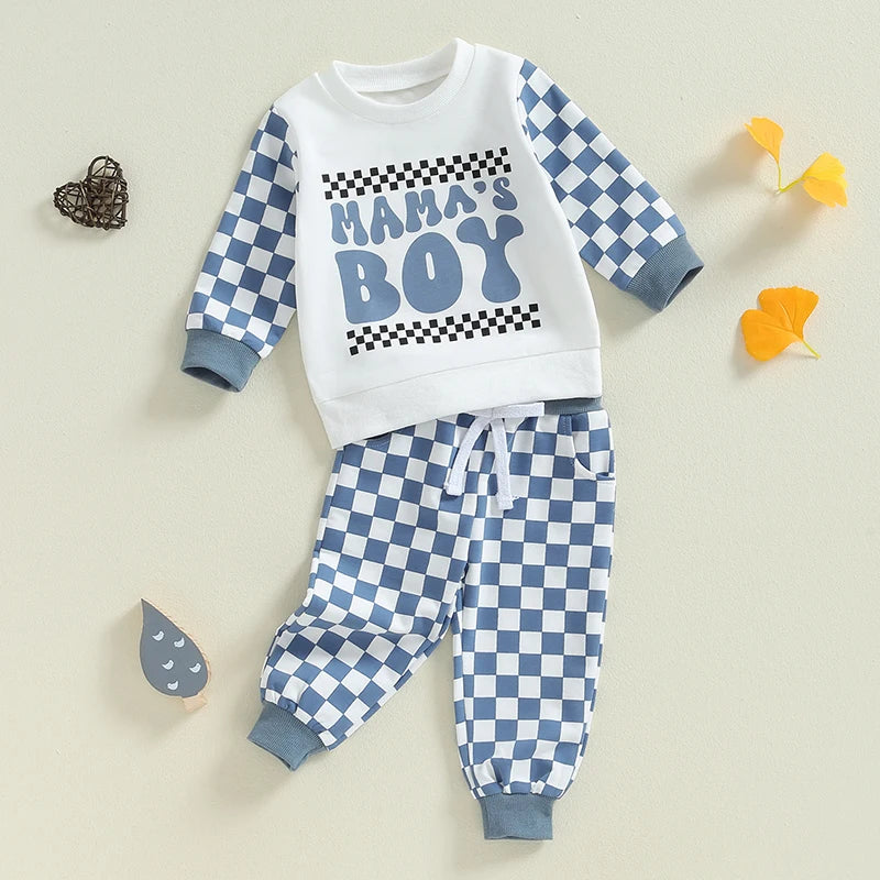 Baby Toddler Boys 2Pcs Mama's Boy Outfit Long Sleeve O Neck Letter Checker Print Top Drawstring Pants Set