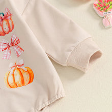 Load image into Gallery viewer, Baby Girls Halloween Thanksgiving Bubble Romper Pumpkin Bow Print Long Sleeve Round Neck Jumpsuit for Fall
