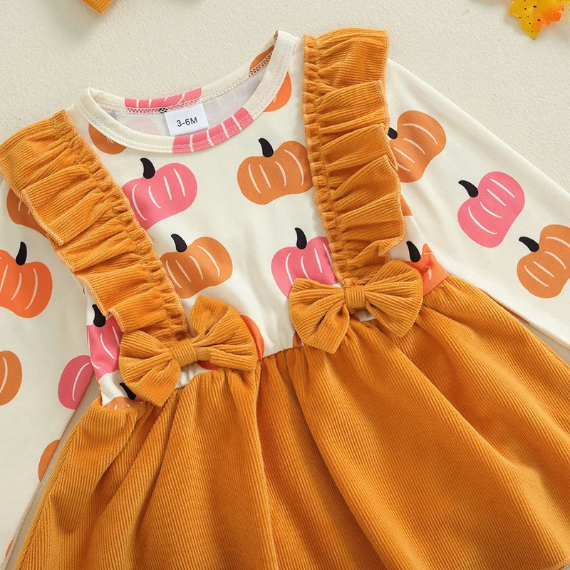 Baby Girls 2Pcs Halloween Romper Dress Overalls Skirt Long Sleeve O Neck Pumpkin Print Romper with Headband Set