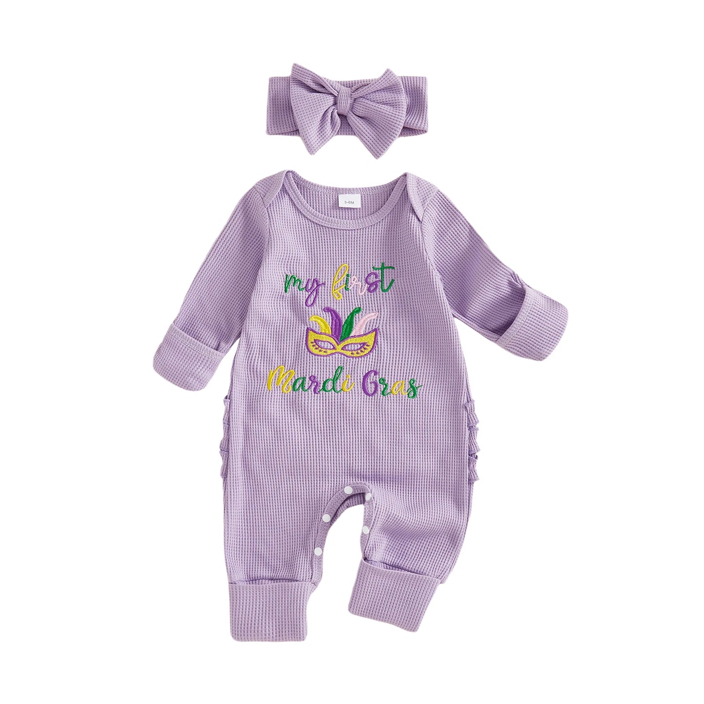 Baby Girl 2Pcs My First Mardi Gras Romper Letter Embroidery Full Length Long Sleeve Crew Neck Bodysuit Bow Headband Set