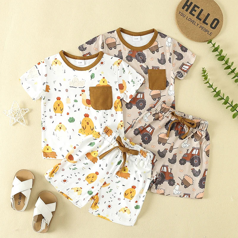 Baby Toddler Boy Girl 2Pcs Spring Summer Clothes Cute Farm Animals Chicken Chick Tractor Print Outfit Set Short Sleeve Cartoon Top and Shorts