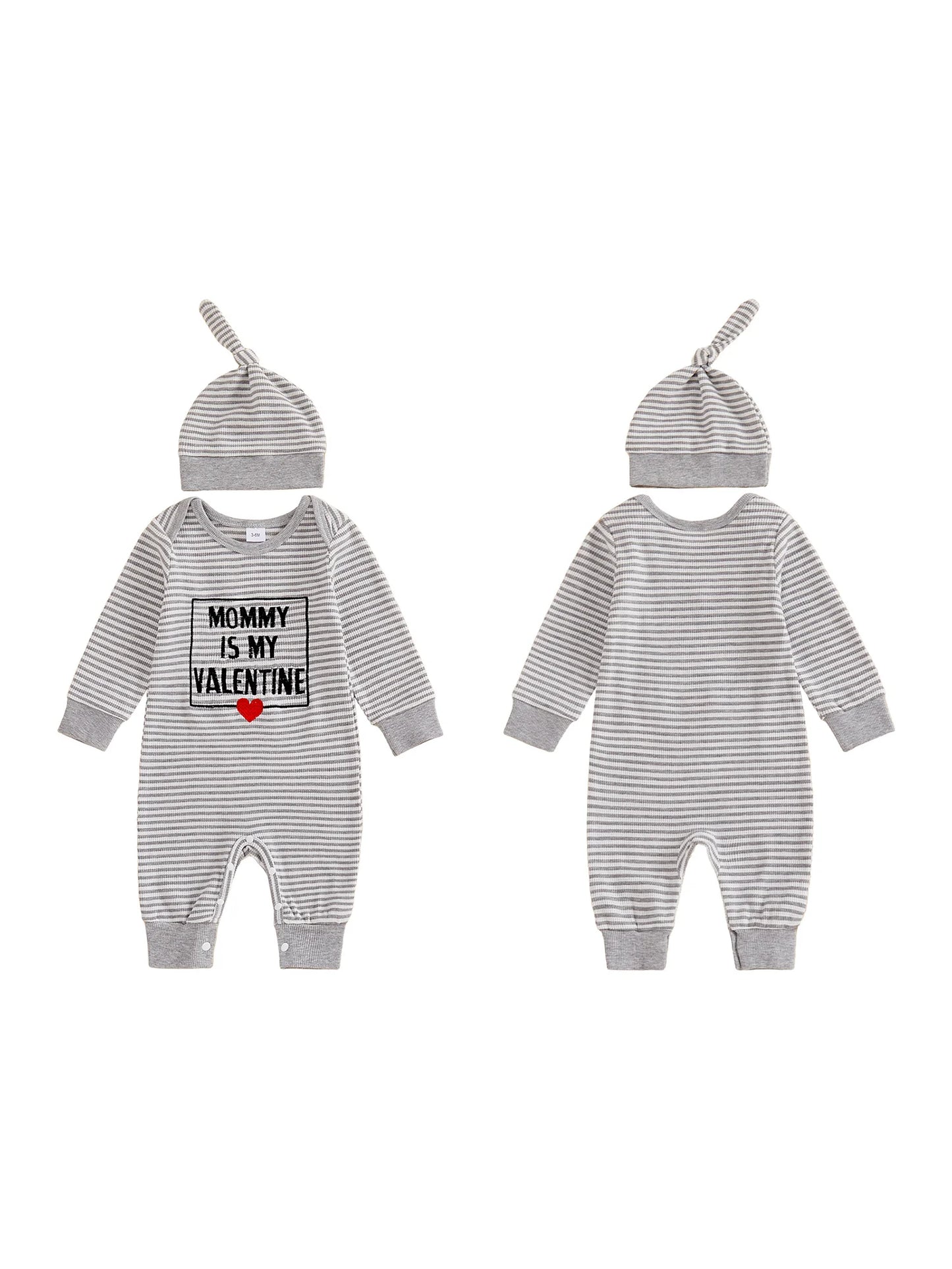 Baby Boys 2Pcs Valentine's Day Mr. Steal Your Heart / Mommy Is My Valentine Jumpsuit Set Long Sleeve Crew Neck Stripes Letters Romper with Hat Outfit