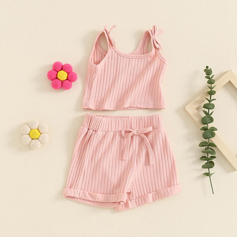 Baby Toddler Girls 2Pcs Summer Outfit Solid Color Ribbed Tank Top Tie Strap Shorts Clothes Matching Set