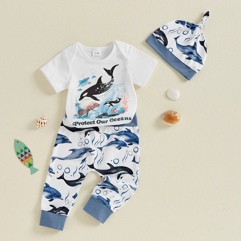 Baby Boy 3Pcs Protect Our Oceans Outfit Letter Sea Animal Dolphin Whale Print Short Sleeve Romper and Elastic Pants Beanies Hat Set