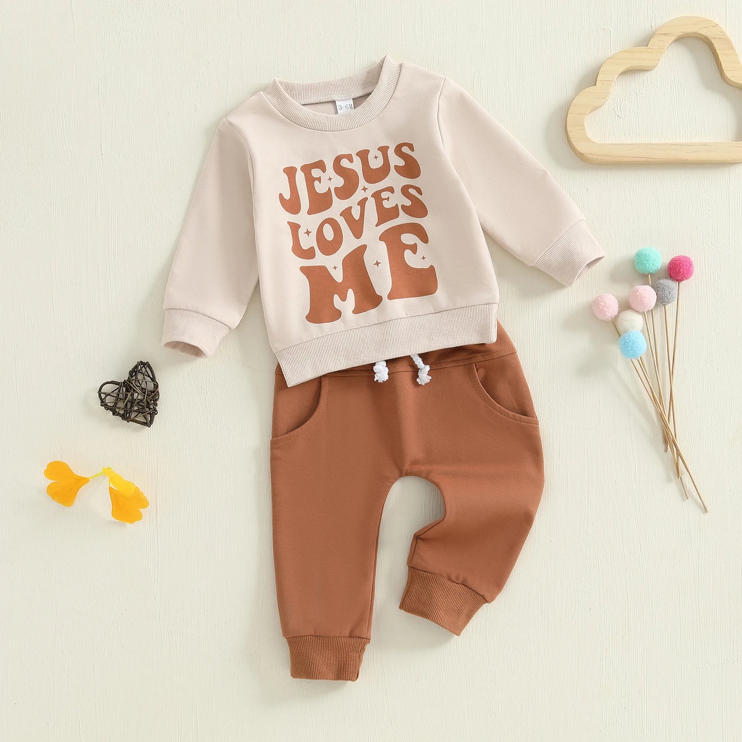 Baby Toddler Boys 2Pcs Jesus Loves Me Fall Outfit Letter Print Long Sleeve Top and Elastic Pants 2Piece Clothes Jogger Set