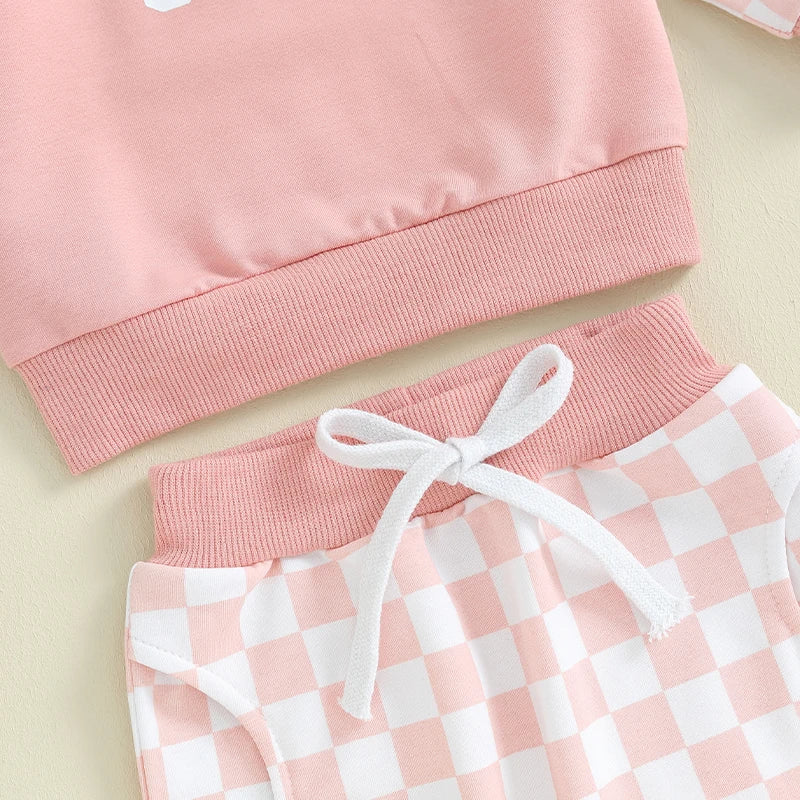 Toddler Baby Girl 2Pcs Daddy‘s Girl Letters Print Checkered Pattern Long Sleeve Crewneck Top Jogger Pants Set Outfit