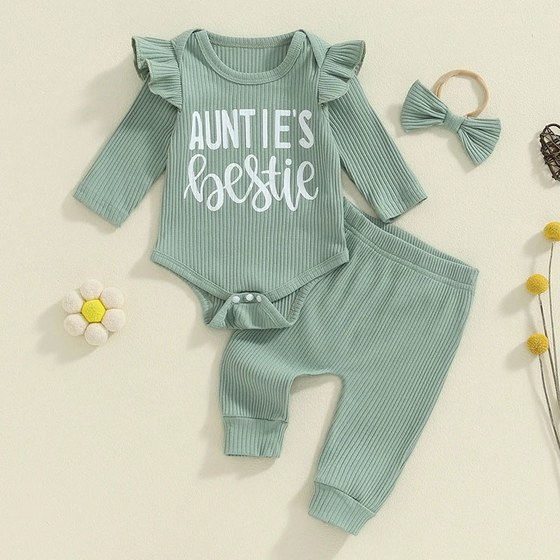 Baby Girls 3Pcs Auntie's Bestie Ribbed Letter Print Long Sleeve Round Neck Ruffled Romper Pants Hair Band Outfit Set