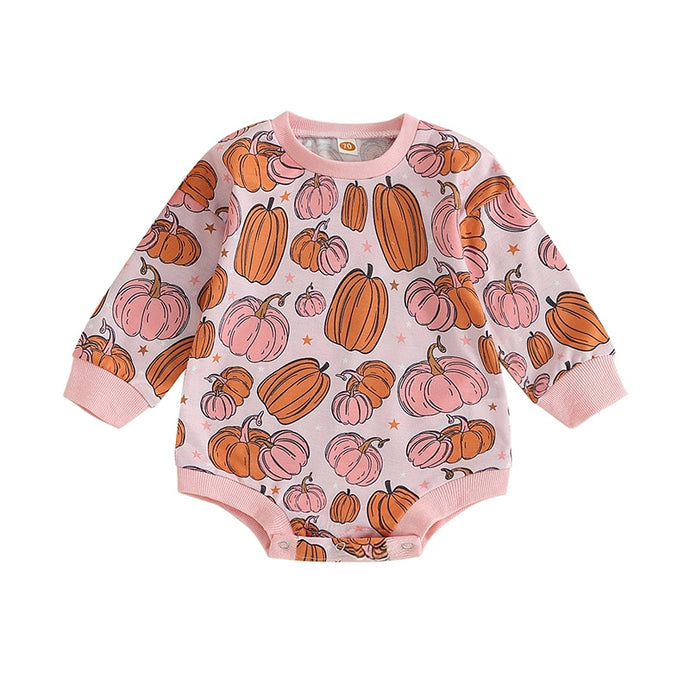 Baby Girls Bodysuit Halloween Pumpkin Print Long Sleeve Jumpsuits Romper