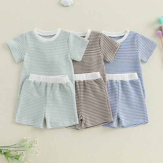 Baby Toddler Girl Boys 2Pcs Summer Outfit Waffle Striped Short Sleeve T-shirt Top Elastic Waist Shorts Set