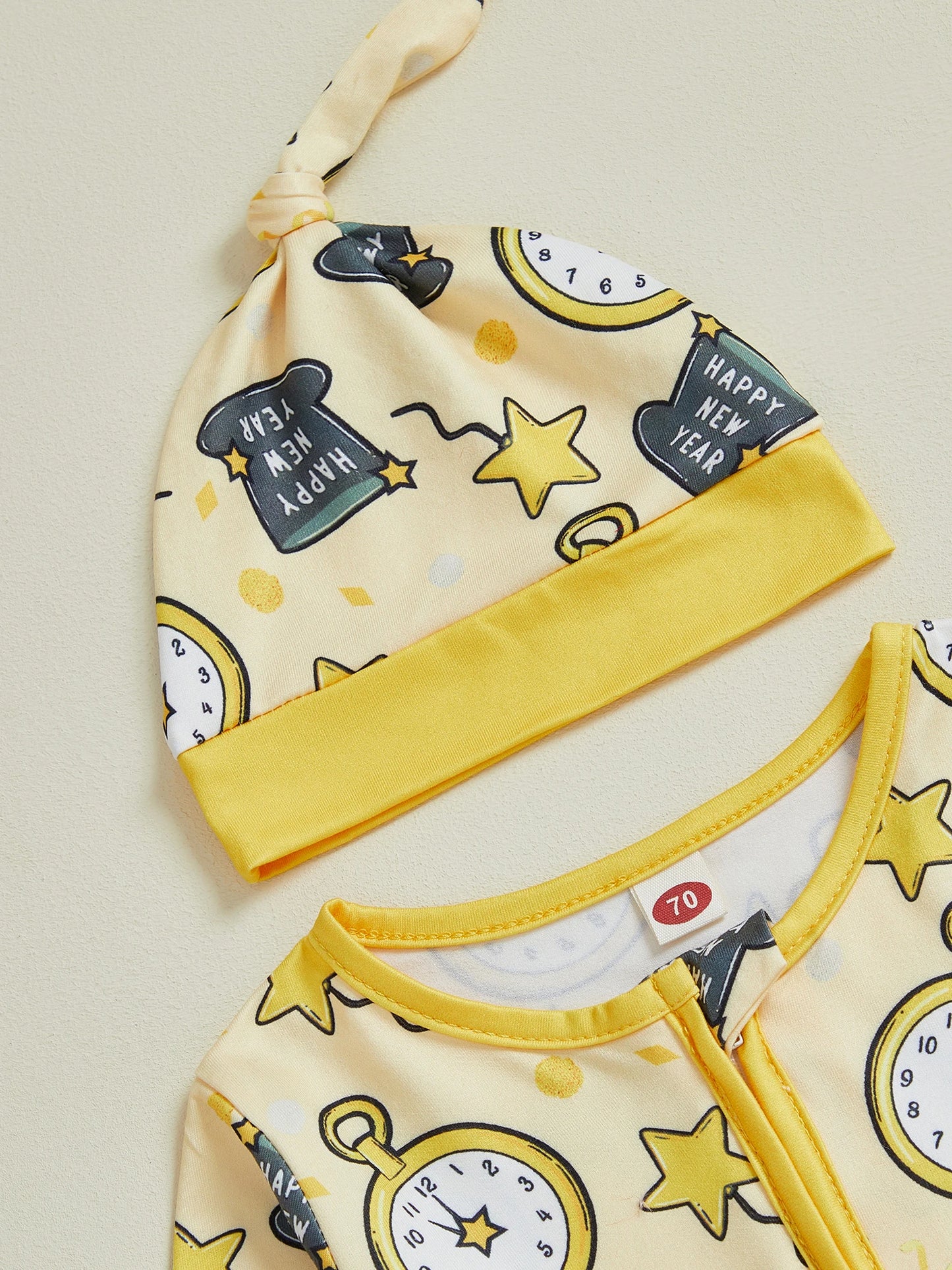 Baby Boy Girl 2Pcs Happy New Year Outfits Cute Long Sleeve Round Neck Hat Clock Print Footed Jumpsuit and Hat Set