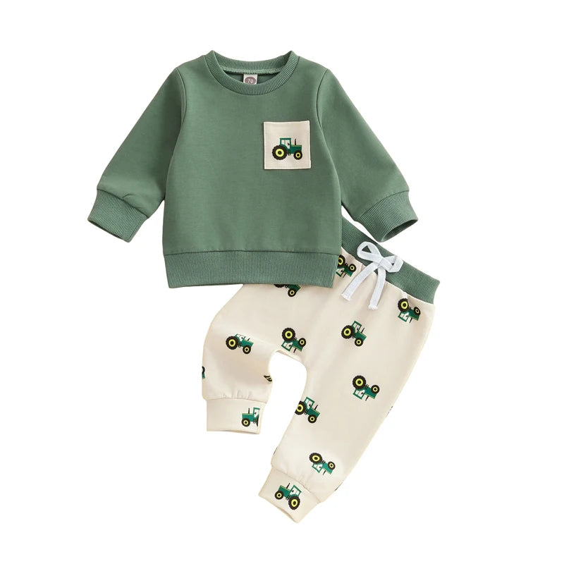 Baby Toddler Boy 2Pcs Spring Outfit Tractor Long Sleeve Crewneck Top Long Pants Jogger Set Farm Clothes