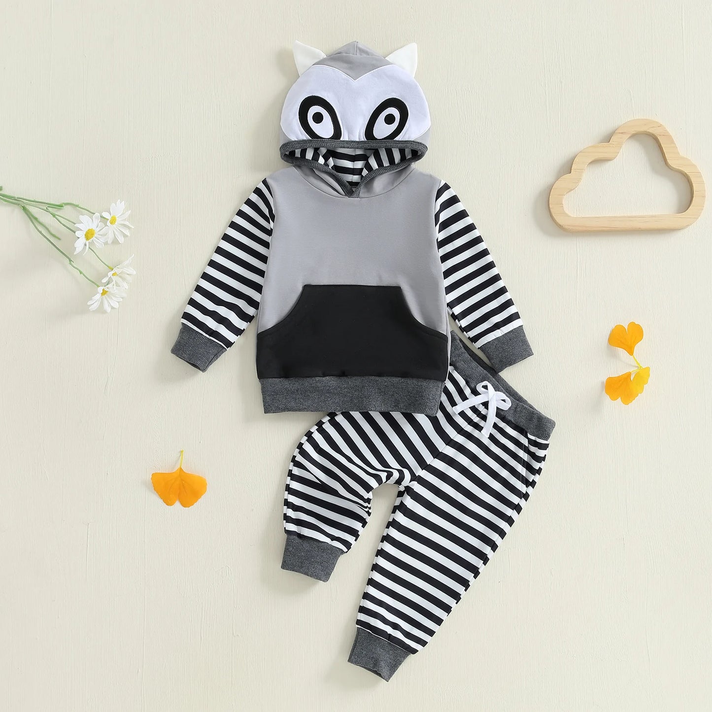 Baby Toddler Boy 2Pcs Fall Outfits Long Sleeve Animal Dinosaur Lemur Hoodies + Elastic Waist Stripe Pants 2Pcs Jogger Set