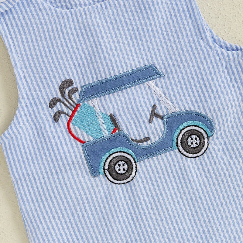 Baby Boys Jumpsuit Sleeveless Crew Neck Striped Embroidery Golf Cart Summer Romper