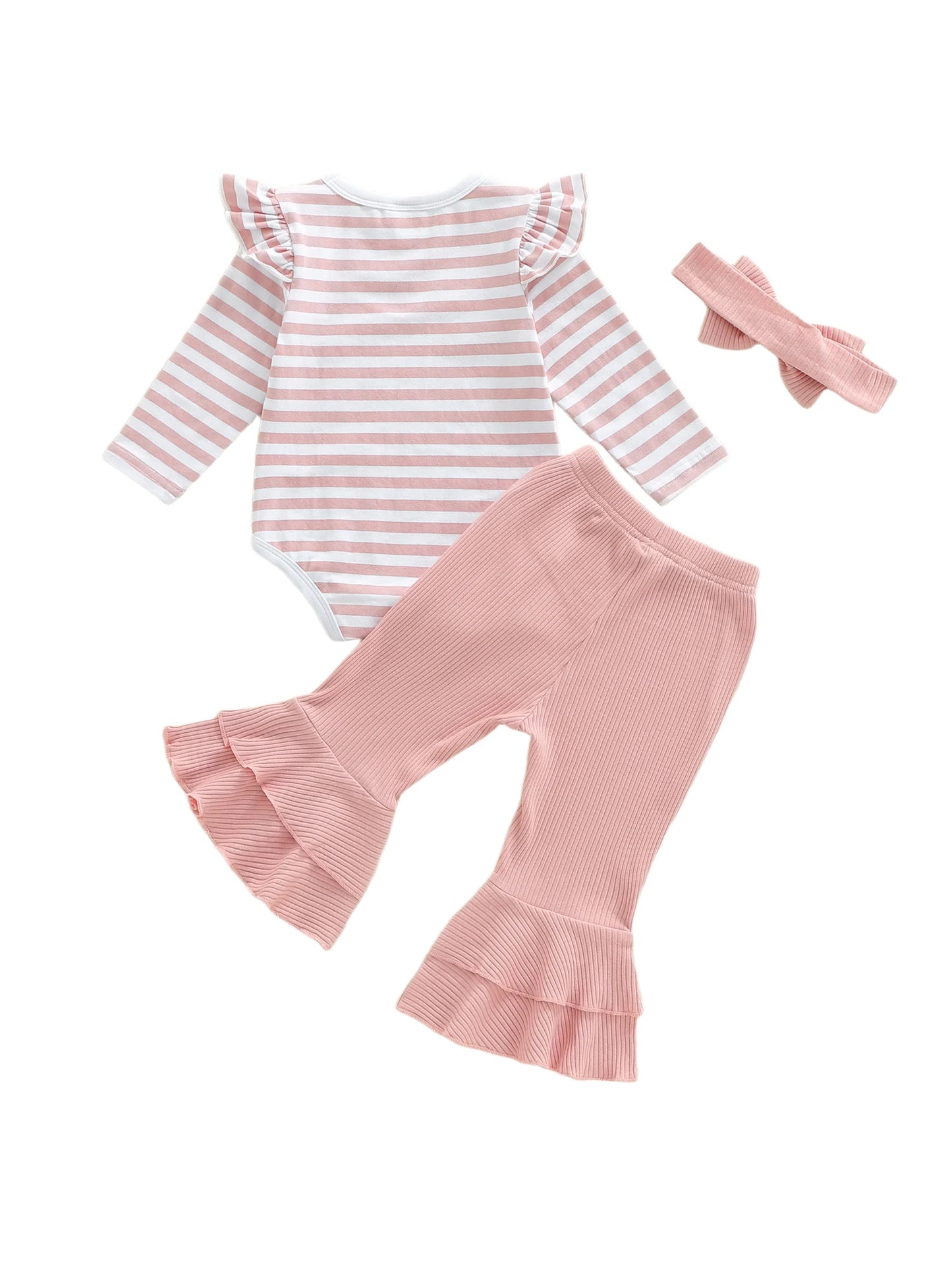 Baby Girls 3Pcs Spring Outfit Long Sleeve Striped Romper with Flare Pants and Headband Clothing Set