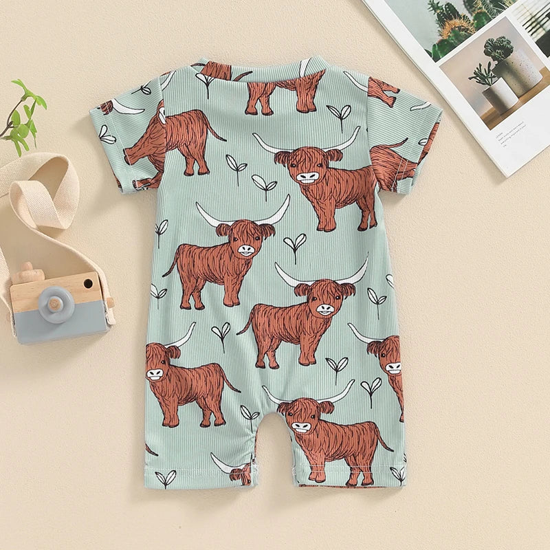 Baby Boys Girls Western Jumpsuit Short Sleeve Crew Neck Highland Cow Print Summer Casual Romper