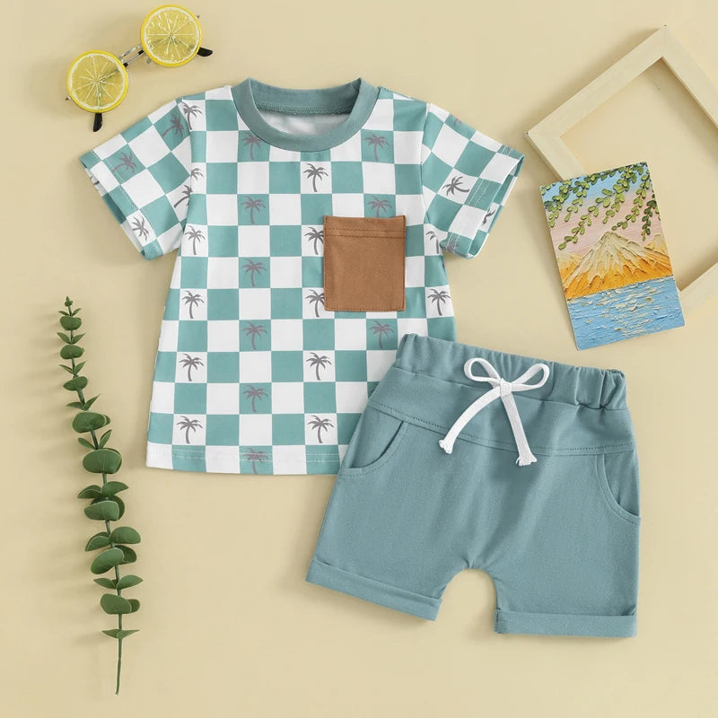 Baby Toddler Boys 2Pcs Summer Spring Shorts Set Short Sleeve Checker Palm Tree Print Top with Elastic Waist Shorts Outfit