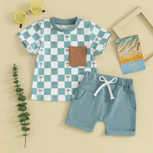 Load image into Gallery viewer, Baby Toddler Boys 2Pcs Summer Spring Shorts Set Short Sleeve Checker Palm Tree Print Top with Elastic Waist Shorts Outfit
