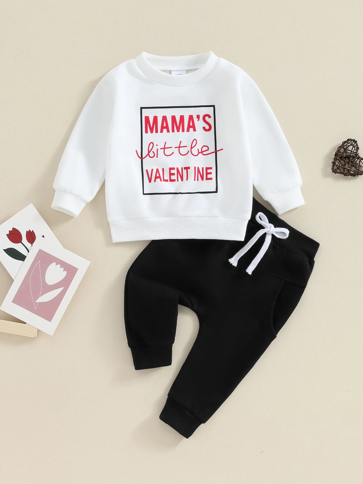 Toddler Baby Boys 2Pcs Valentine's Day Sets Long Sleeve Letter Mama's Little Valentine Print Pullover and Black Drawstring Pants