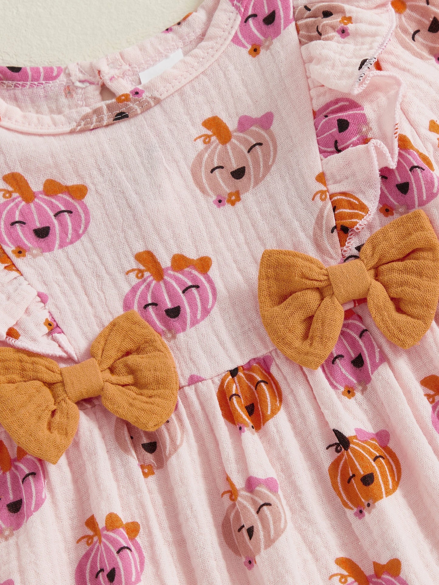 Baby Girl 2Pcs Halloween Outfit Pumpkin Ruffle Trim Long Sleeve Romper Tie-up Headband Cotton Linen Set