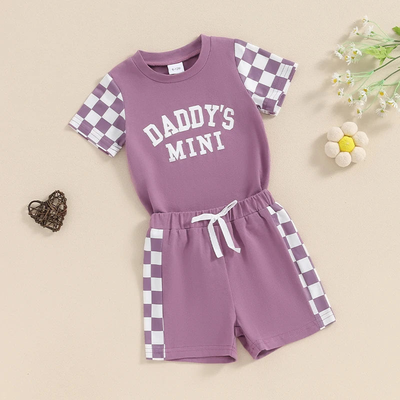 Baby Toddler Girl 2Pcs Daddy's Mini Summer Outfit Letter Print Checkerboard Short Sleeve Top with Elastic Waist Shorts Clothes Set