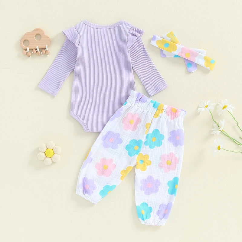 Baby Girls 3Pcs Fall Outfit Long Sleeve Ribbed Romper + Floral Flower Print Pants + Headband Set