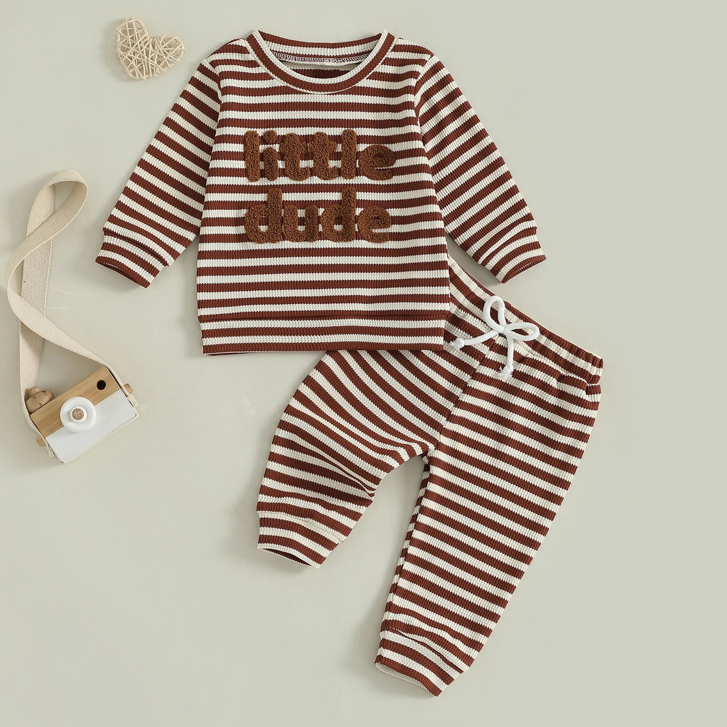 Baby Toddler Boys 2Pcs Mama's Boy / Little Dude Waffle Outfit Letter Embroidery Striped Long Sleeve Top and Elastic Pants Set