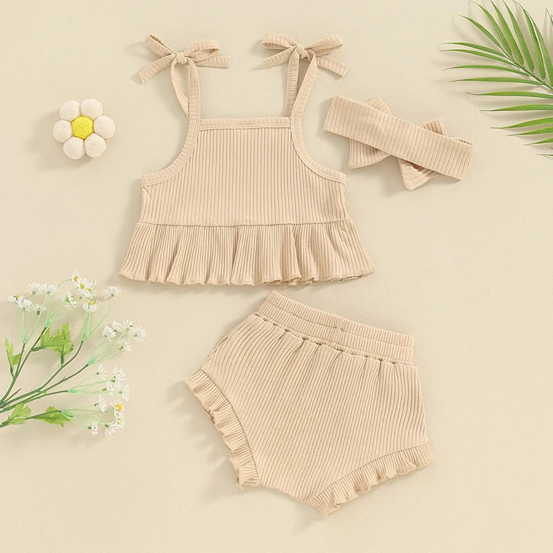 Baby Toddler Girls 3Pcs Outfits Solid Color Ruffled Sleeveless Tie Camisole Tank Top Elastic Shorts Cute Headband Set