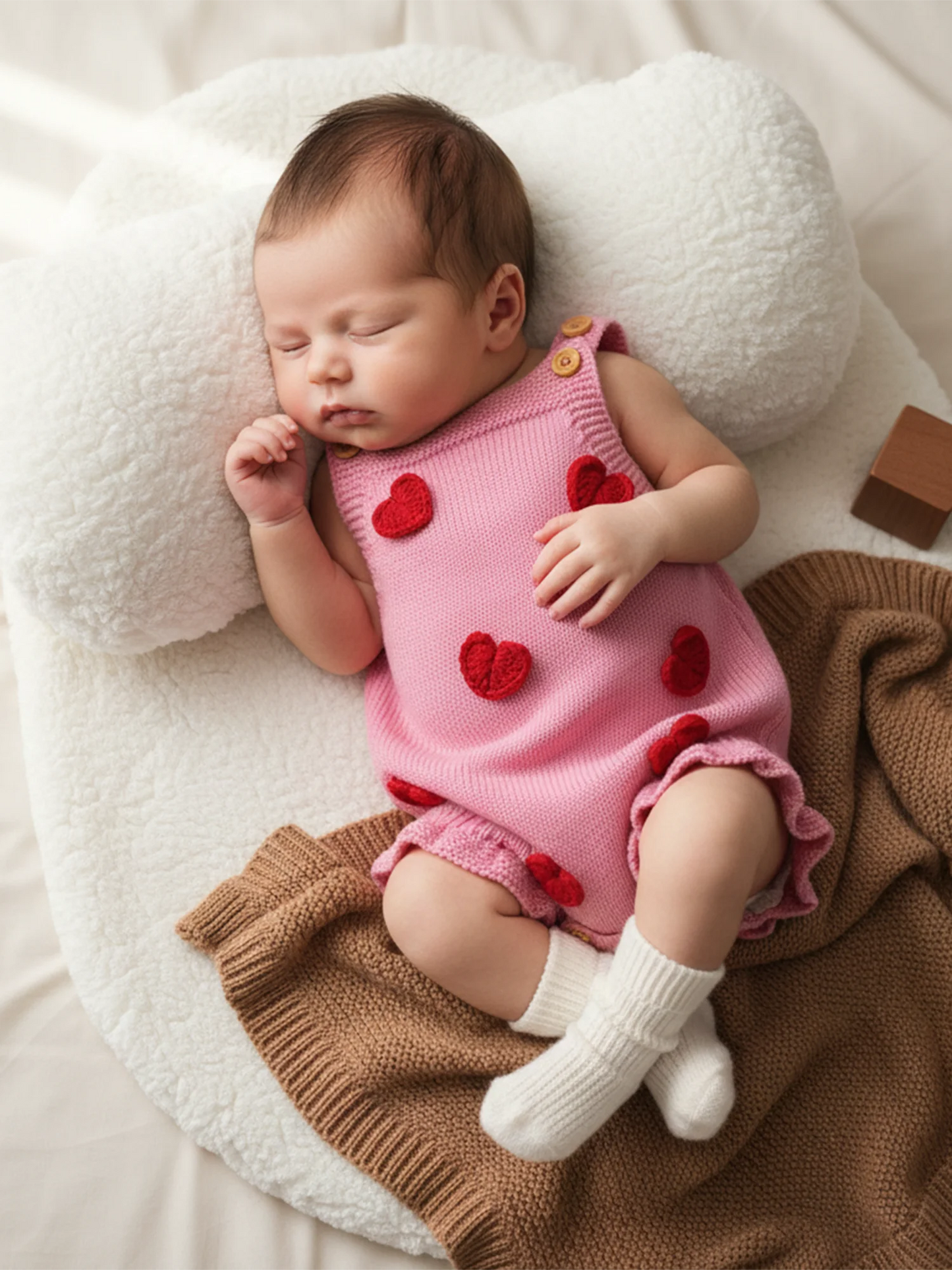 Baby Girl Valentine’s Day Sweater Romper Sleeveless Square Neck Heart Bodysuit Newborn Knit Overalls