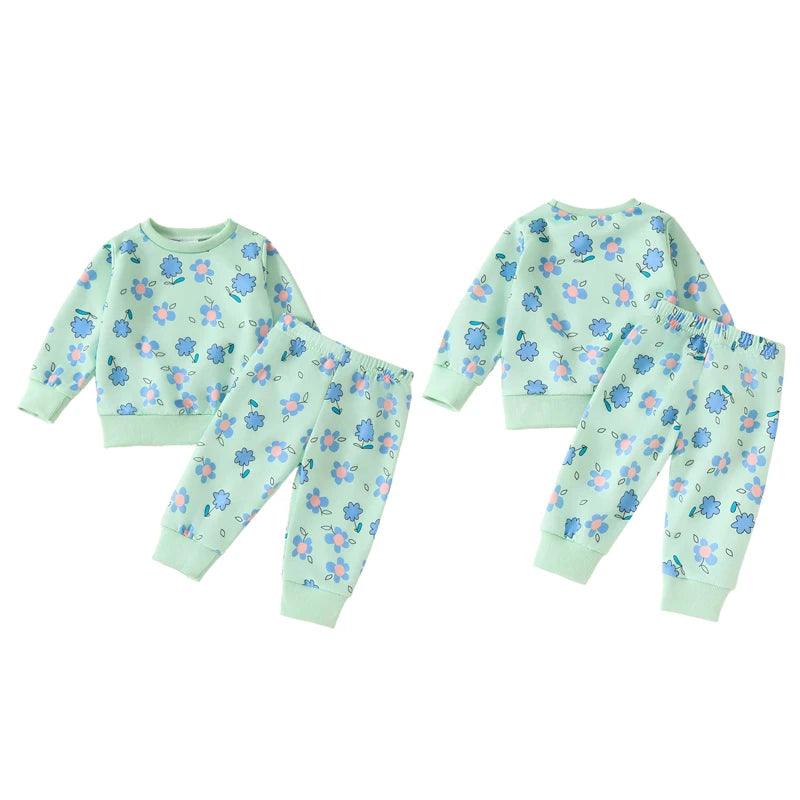 Baby Toddler Girls 2Pcs Fall Set Long Sleeve O Neck Floral Flower Print Top Elastic Waist Pants Set