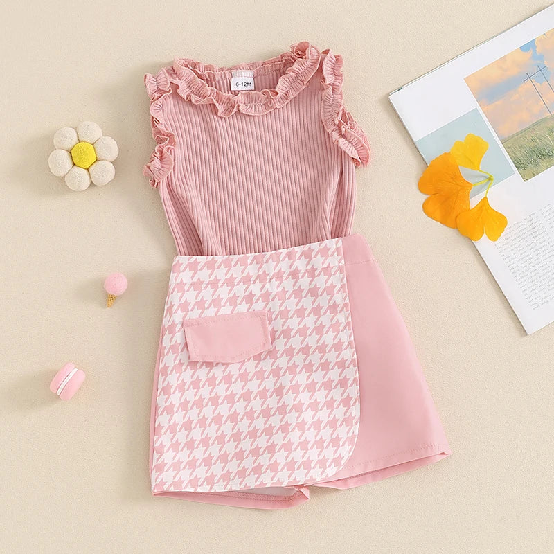 Baby Toddler Kids Girl 2Pcs Summer Outfit Solid Color Ribbed Frills Sleeveless Tank Top and Houndstooth Shorts Skirt Skort Set