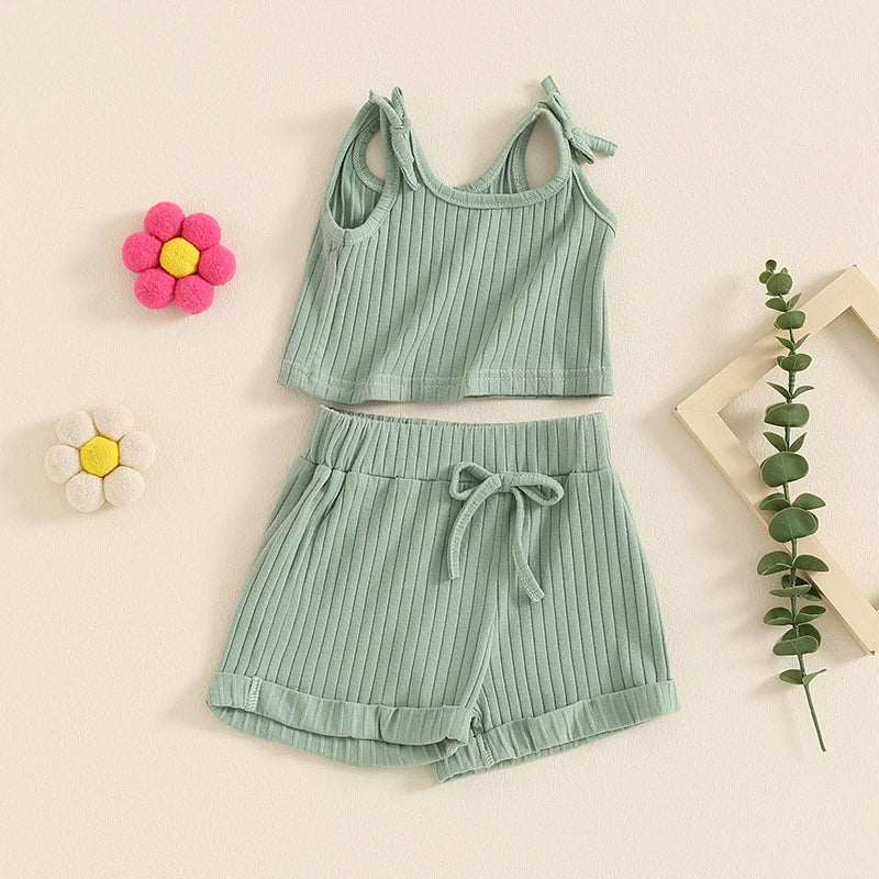 Baby Toddler Girls 2Pcs Summer Outfit Solid Color Ribbed Tank Top Tie Strap Shorts Clothes Matching Set