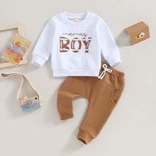 Load image into Gallery viewer, Baby Toddler Boy 2 Pcs Clothes Set Letter Mama&#39;s Boy Print Long Sleeve Crew Neck Pullover Top Elastic Pants Set
